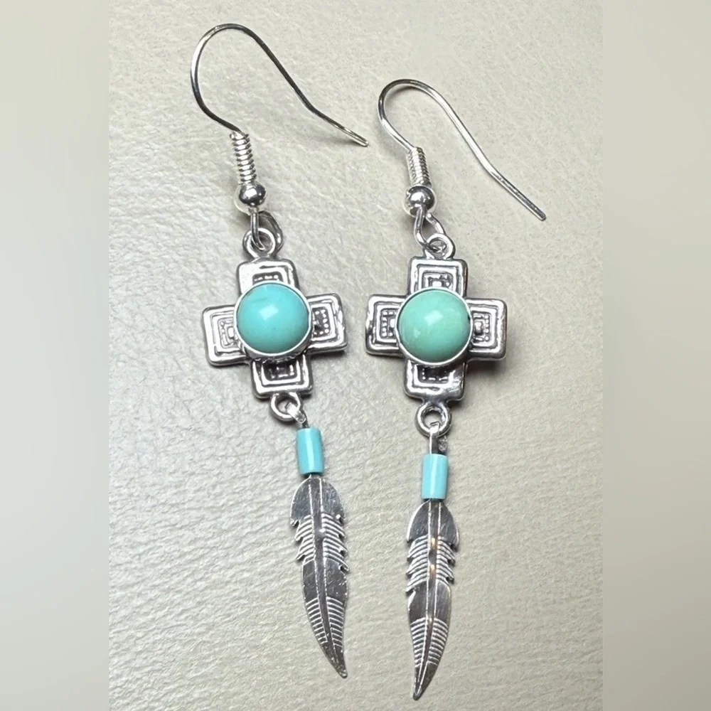 Vtg 925 Sterling Silver Southwestern Turquoise Feather Dangle Earrings by G&S